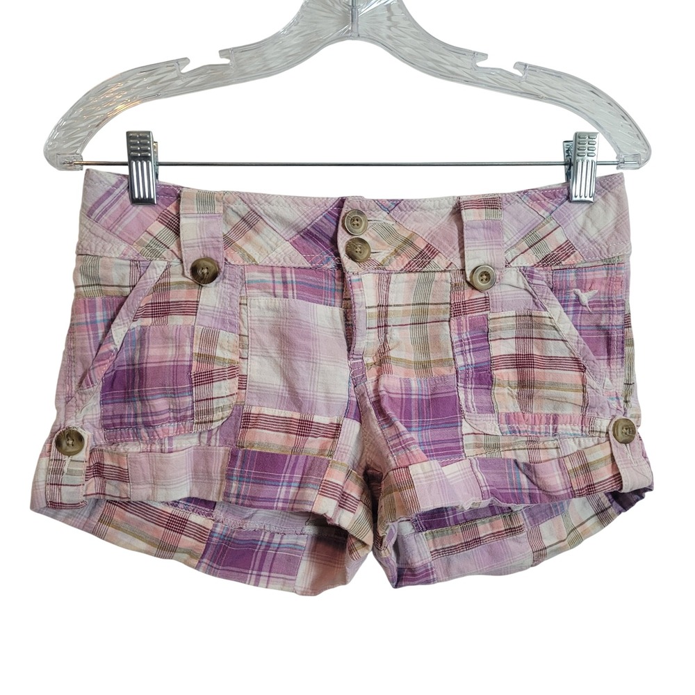 Grane Jeans Womens Patchwork Plaid Micro Shorts Purple Pink Low Rise Cotton Sz 3